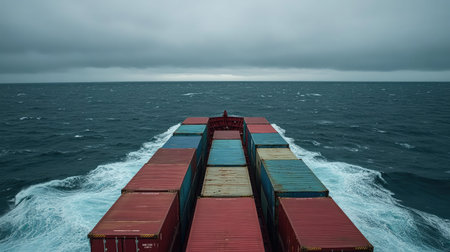 A powerful container ship progresses through a choppy ocean under a cloudy sky, showcasing the dynamic blend of nature and maritime industry in an extensive journey.の素材