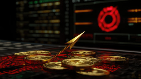 A striking image featuring golden coins arranged around a sharp arrow, symbolizing growth and success in the dynamic world of financial investment and cryptocurrency.の素材