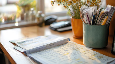A beautifully arranged workspace featuring an open notebook, colorful papers, and a cheerful bouquet of flowers, creating a warm and inviting atmosphere for creativity.の素材