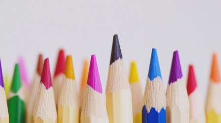 This image features a neat arrangement of colorful pencils in vibrant shades highlighting individuality and creativity, perfect for educational and artistic purposes.の素材
