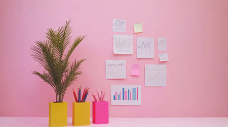 A vibrant workspace featuring a pink wall, a lush houseplant, colorful stationery, and analysis charts, ideal for showcasing creativity and productivity in design.の素材