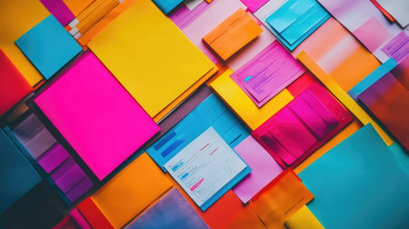A vibrant and colorful arrangement of assorted paper sheets in shades of pink, yellow, blue, and orange creates an energetic background for various creative projects.の素材
