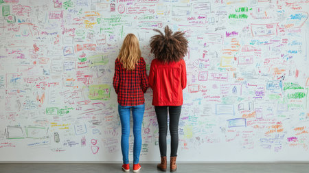 Two young women with different hairstyles observe a vibrant wall filled with scribbles and colorful notes, illustrating creativity and collaboration in a working space.の素材
