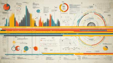 Engaging and colorful data visualization featuring various graphs, charts, and diagrams. This artwork effectively communicates complex information through visual means.の素材