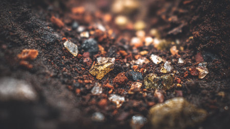 This macro photograph showcases sparkling sand crystals and earthy particles on a dark soil backdrop, highlighting the intricate textures and colors of nature.の素材