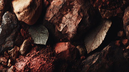 A detailed close-up image featuring a variety of rocks, stones, soil, and dried leaves, creating a rich texture perfect for nature-inspired projects and backgrounds.の素材
