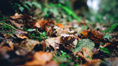 A serene view of fallen leaves on a forest floor, showcasing the intricate textures and colors of autumn foliage under soft, filtered light in a peaceful setting.の素材