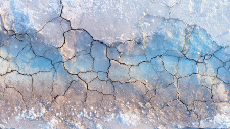 This image presents a stunning close-up of cracked ground, showcasing intricate textures and earthy tones. Blue and brown shades highlight the beauty of natural erosion.の素材