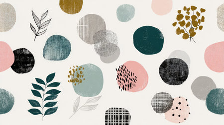 This abstract art composition features colorful circles and leaves in a modern style, ideal for enhancing home decor and inspiring creative projects in any space.の素材