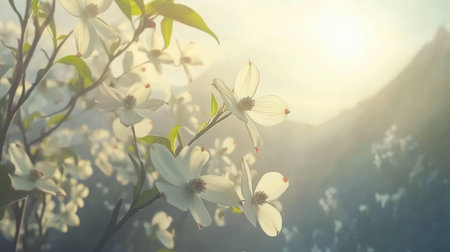 Beautiful white flowers bloom gracefully in soft morning light, creating a serene and dreamy atmosphere. This image captures the essence of tranquility in nature.の素材