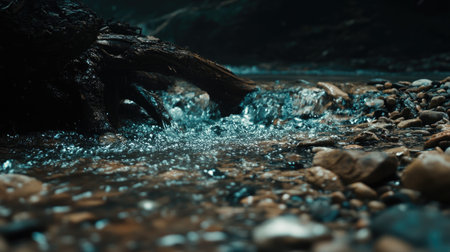 A captivating close-up of a tranquil river stream flowing over pebbles and rocks, showcasing the serene beauty of nature illuminated by gentle ambient light.の素材