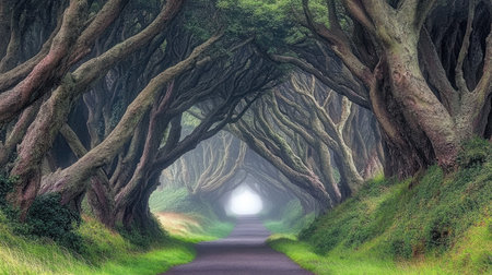 A mesmerizing scene showcasing a fog-shrouded pathway framed by twisted trees, creating a magical atmosphere. Perfect for nature lovers and dreamers alike.の素材