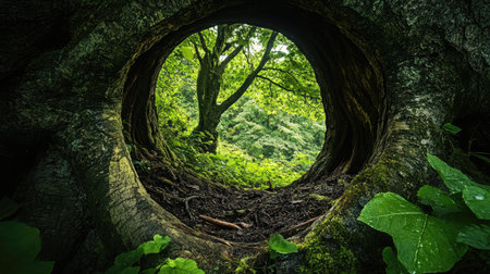Discover a serene view through the hollow of a tree, showcasing vibrant greenery and natural beauty in a tranquil forest setting. A perfect nature escape.の素材