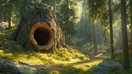 A captivating forest scene with a large hollow tree stump surrounded by lush greenery and gentle sunlight. This tranquil setting invites exploration and serenity.の素材