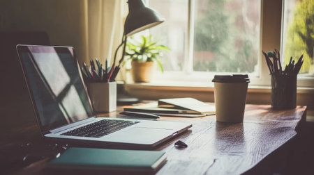 Bright and inviting workspace featuring a laptop, coffee cup, and notebooks, perfect for freelancers or students seeking a tranquil and inspiring environment.の素材