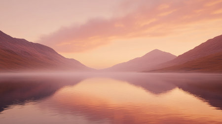 Experience the tranquility of a serene mountain landscape at dawn, where soft pink hues paint the sky, and calm waters reflect the beauty of nature.の素材