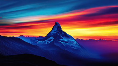 Captivating scene of the Matterhorn mountain under a vivid sunset sky, showcasing vibrant colors and tranquil beauty of the Swiss Alps, perfect for inspiring wanderlust.の素材