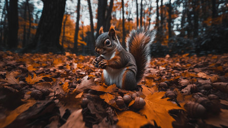 A charming squirrel cautiously sits on a bed of colorful autumn leaves, surrounded by a serene forest backdrop. The image captures a moment of nature in vivid detail.の素材