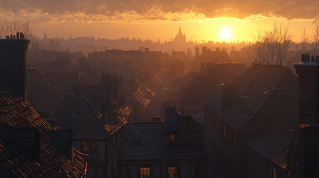 Captivating view of a historic city awakening at sunrise, with rooftops illuminated in a warm golden light, creating a peaceful and scenic atmosphere to behold.の素材