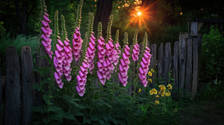 Captivating image of pink foxglove flowers basking in evening sunlight, set against a rustic wooden fence, creating a serene and beautiful garden scene.の素材
