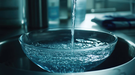 A serene moment captured in a modern kitchen where crystal clear water flows into a glass bowl. The soft light creates beautiful reflections on the water surface.の素材