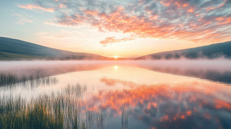 A picturesque scene capturing a tranquil lake at sunrise, featuring vibrant sky reflections and fog rising gently above the water, surrounded by lush greenery and hills.の素材