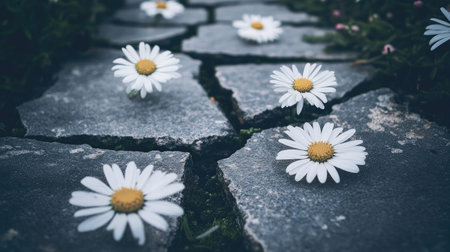 A serene outdoor scene featuring delicate white daisies scattered on a stone pathway, creating a beautiful contrast and inviting a sense of peace and nature's grace.の素材
