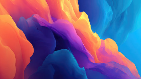 A stunning abstract image featuring vibrant waves of color blending seamlessly in purples, oranges, and blues, perfect for backgrounds or artistic projects.の素材
