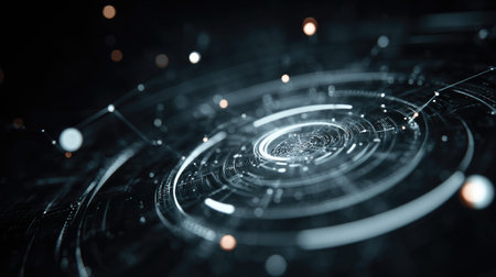 An abstract and futuristic digital background featuring glowing circles and lines in a dark setting, representing the concepts of data and connectivity in modern technology.の素材