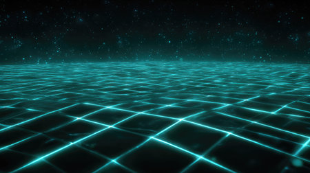 Explore a captivating digital grid landscape featuring vibrant blue lines on a textured surface against a starry background, perfect for innovative projects.の素材