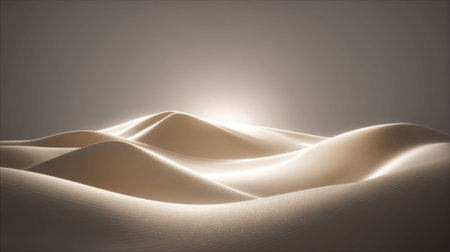 A tranquil desert landscape showcasing gentle sand dunes bathed in the soft glow of sunrise, creating a serene atmosphere perfect for nature and relaxation themes.の素材