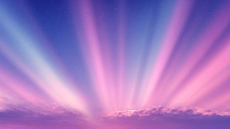 A captivating twilight sky filled with colorful rays of light illuminating soft clouds, creating a tranquil atmosphere. The serene scene evokes dreams and peace.の素材