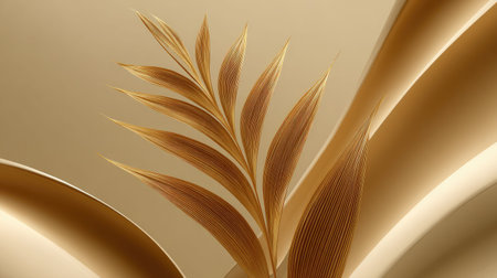 A stunning golden palm frond stands in contrast to a soft beige background, embodying elegance and simplicity. The design captures a serene atmosphere perfect for modern decor.の素材