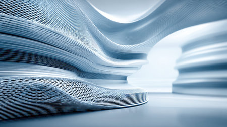 Explore dynamic and fluid shapes in soft blue tones that create a futuristic environment, perfect for innovative design concepts and artistic inspiration.の素材