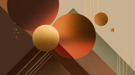 This abstract artwork features warm tones and geometric shapes, including circles and triangles, showcasing a modern minimalist design perfect for creative projects.の素材