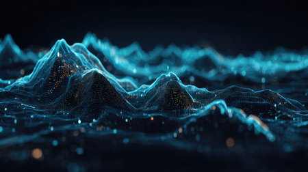 This captivating image showcases an abstract digital landscape with glowing particles and waves, illustrating the beauty of data visualization in a futuristic context.の素材