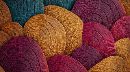 This abstract textured background showcases vibrant layers of circular patterns in rich colors, perfect for artistic projects, digital art, or unique design elements.の素材