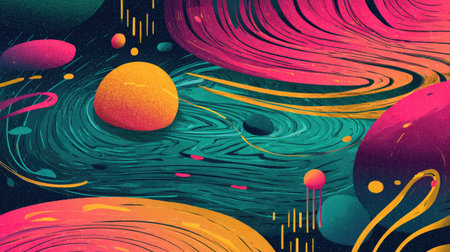 A captivating abstract artwork featuring colorful planets and flowing patterns. This vibrant cosmic landscape showcases creativity and imagination in a mesmerizing way.の素材