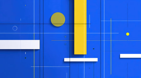 This vibrant abstract background features a striking blue canvas adorned with yellow and white geometric shapes, perfect for modern design projects or creative inspiration.の素材