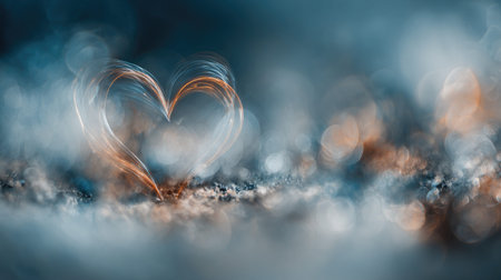 A delicate heart shape glows softly in this artistic image, surrounded by dreamy bokeh effects. The composition combines warm and cool tones to evoke feelings of love.の素材