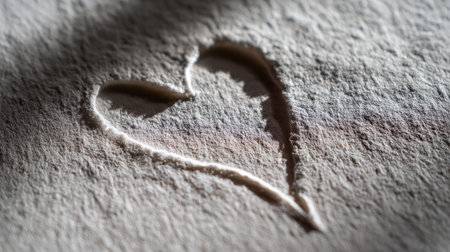 A close-up image features a heart shape delicately imprinted on textured paper, illuminated by soft light, creating a romantic and artistic visual perfect for multiple creative uses.の素材