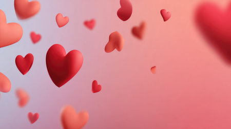 This captivating image features floating red hearts against a soft gradient background, creating a perfect atmosphere for themes of love, romance, and celebration.の素材