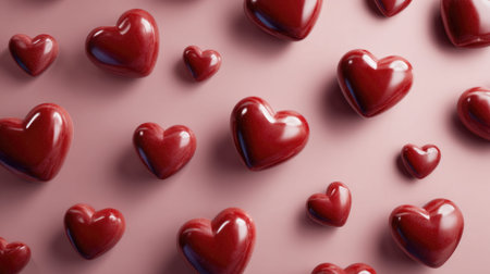 A vibrant arrangement of glossy red heart shapes set against a soft pink background, ideal for themes of love, celebration, and heartfelt emotions in creative projects.の素材