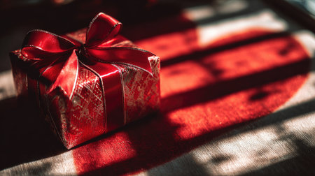 A beautifully wrapped gift box adorned with a shiny red ribbon casts intricate shadows on a soft surface, creating a warm and festive atmosphere for any celebration.の素材