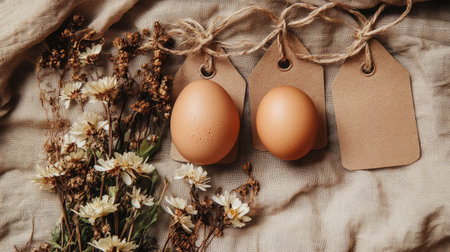 A serene composition featuring natural brown eggs paired with rustic tags and dried flowers, set against a soft linen background, perfect for culinary inspiration.の素材