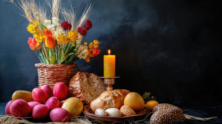 A captivating still life featuring an array of fresh fruits, rustic bread, and vibrant flowers, illuminated by the gentle glow of a candle, perfect for culinary inspiration.の素材