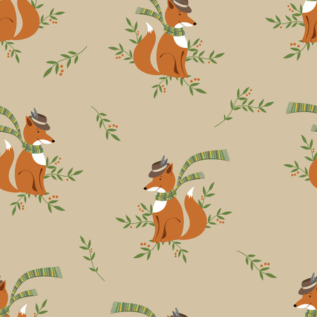 Funny foxy with scarf pattern on beige background-vectorのイラスト素材