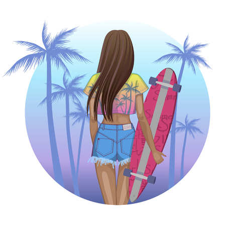 Girl skater character on longboard. Vector flat cartoon illustrationのイラスト素材
