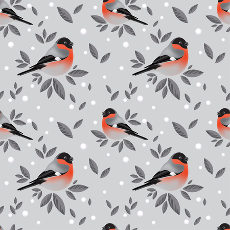 Bullfinches and foliage pattern on grey backgroundのイラスト素材