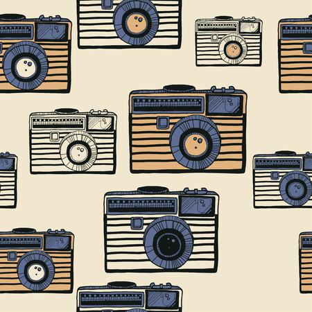 Vintage camera vector pattern on beige backgroundのイラスト素材